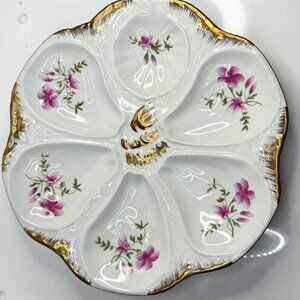 Antique Limoges France Porcelain Oyster Plate Pink Floral Gilt 9.25" A852